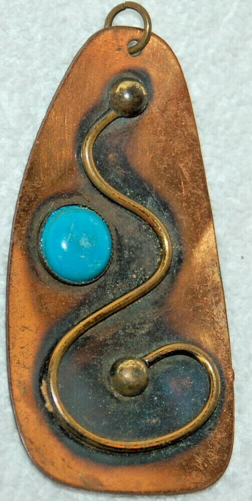 Vintage Mid Century Copper Turquoise stone Pendant Statement ICONIC design