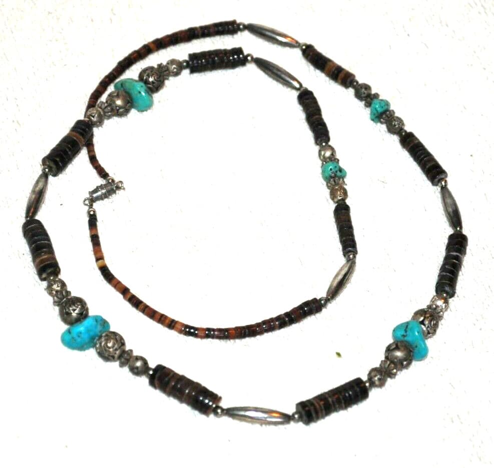 vintage LONG Native American Turquoise Heishi Necklace 30" Sterling Silver