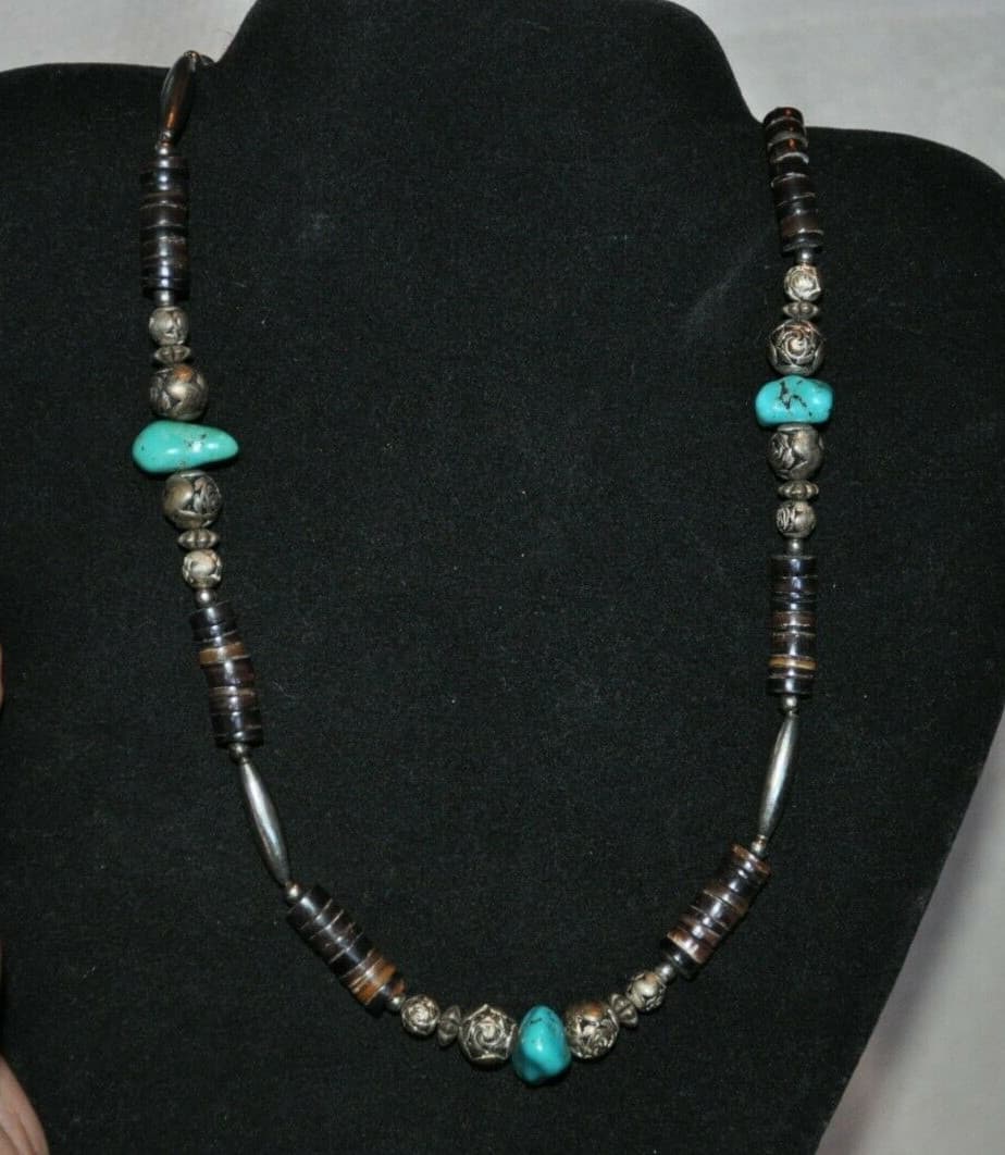 vintage LONG Native American Turquoise Heishi Necklace 30" Sterling Silver