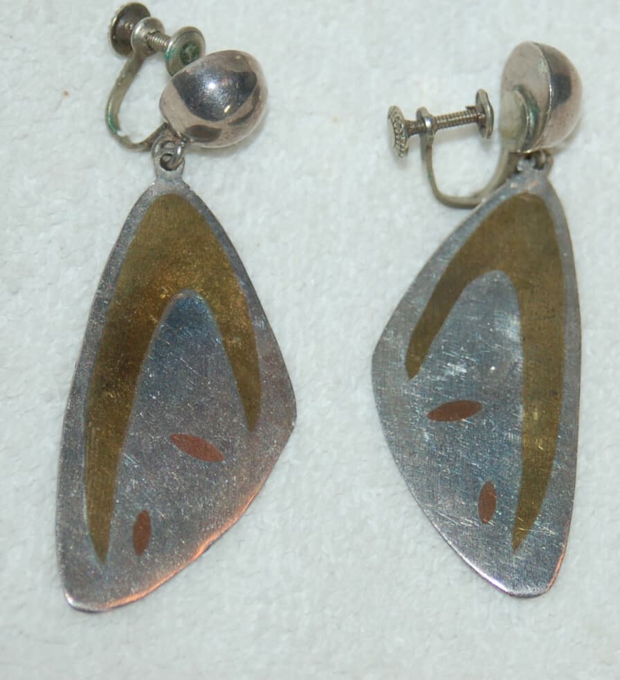 VINTAGE STERLING SILVER SCREW BACK GUATEMALAN DROP EARRINGS art moderne