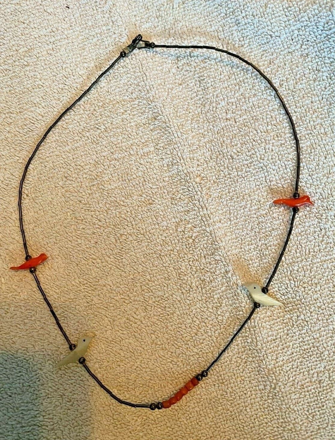 Native American Fetish Necklace liquid silver Heishi Beads carved coral