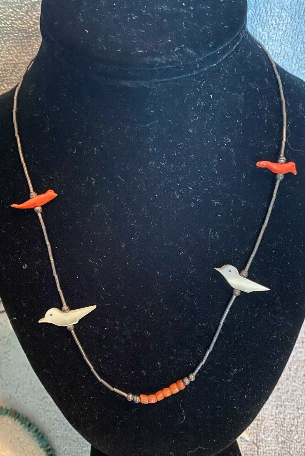 Native American Fetish Necklace liquid silver Heishi Beads carved coral
