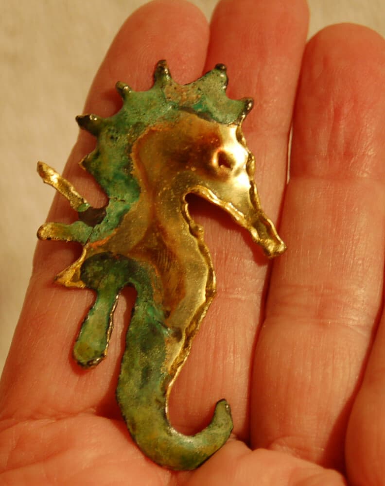 brutalist art modern metal hand made Sea Horse Brooch Sea Dragon Pin