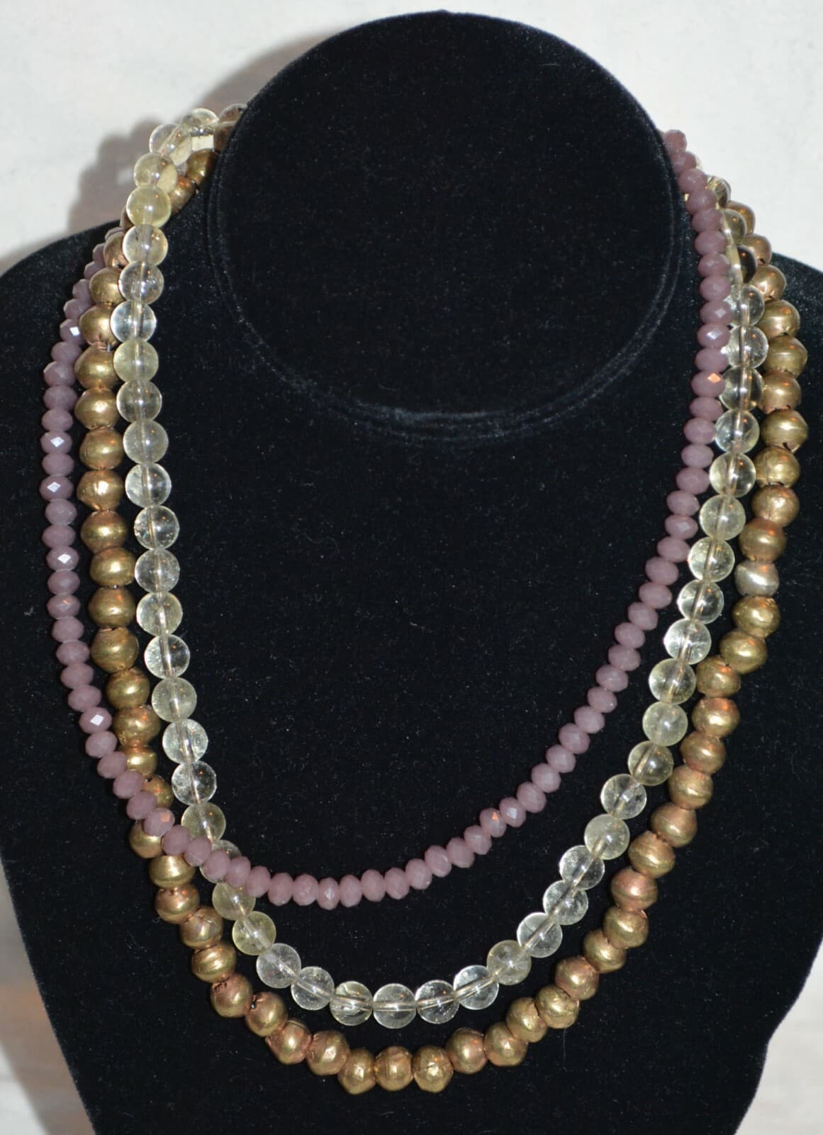 Vintage brass beaded necklace faceted clear art glass beads multi strand