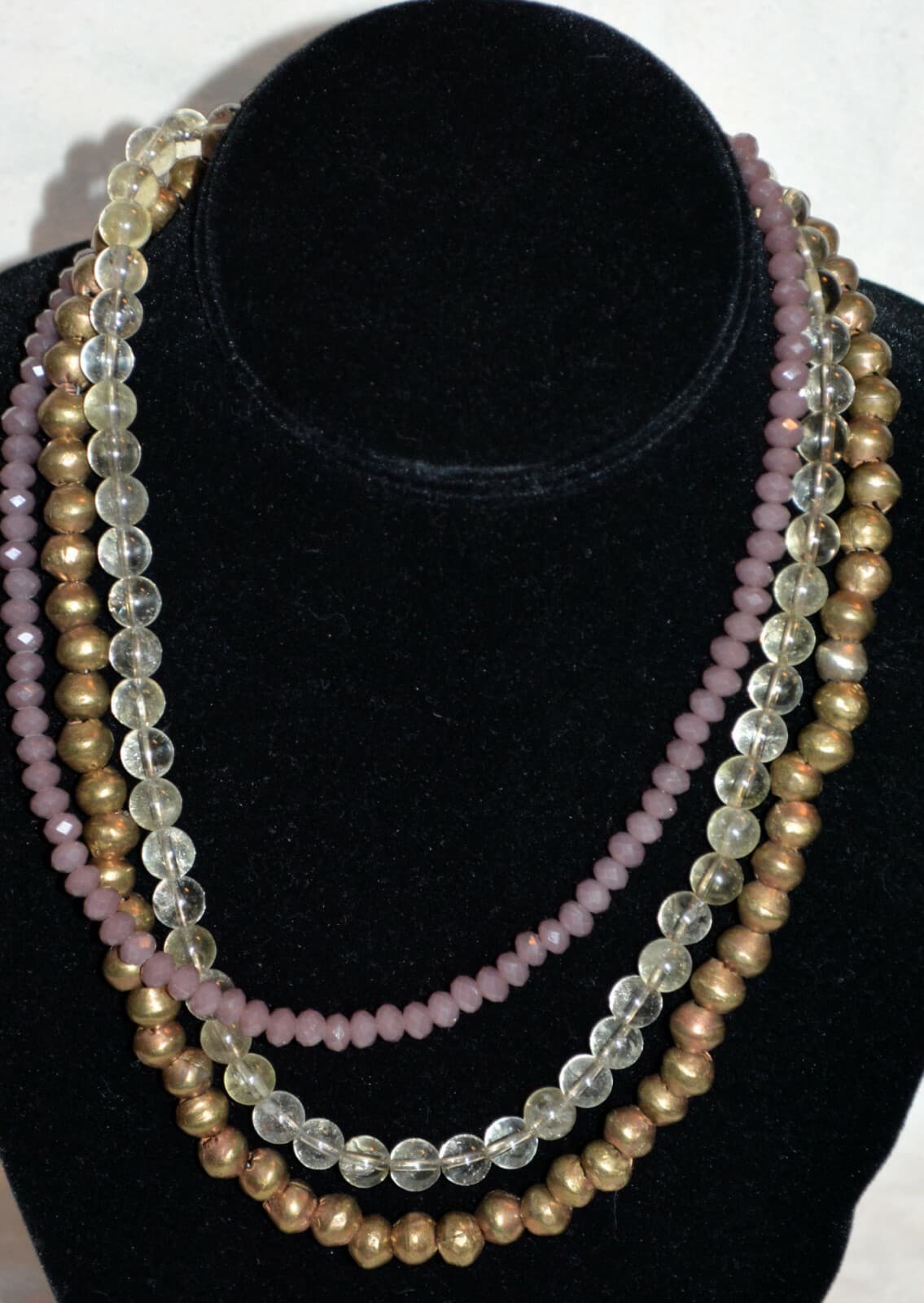 Vintage brass beaded necklace faceted clear art glass beads multi strand