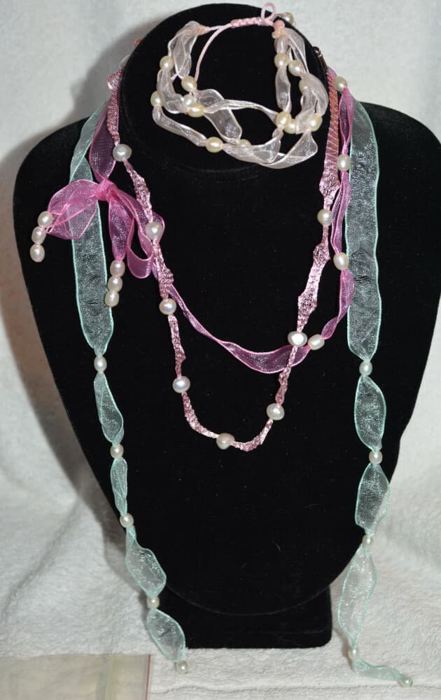 real pearls silk cord knotted necklace bracelet lot Sterling Silver Clasp pearl
