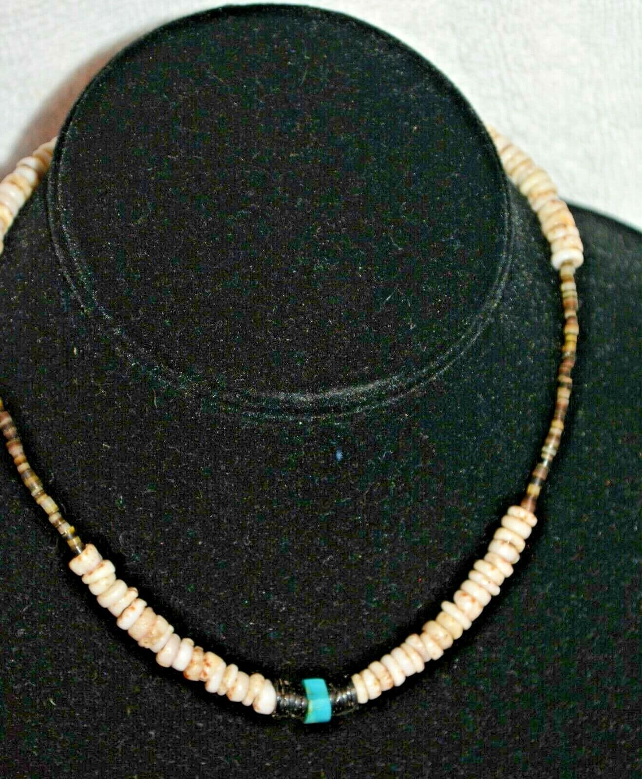 VINTAGE ESTATE PUKA SHELL NECKLACE HAWAII TURQUOISE STERLING 14" heishi PRETTY