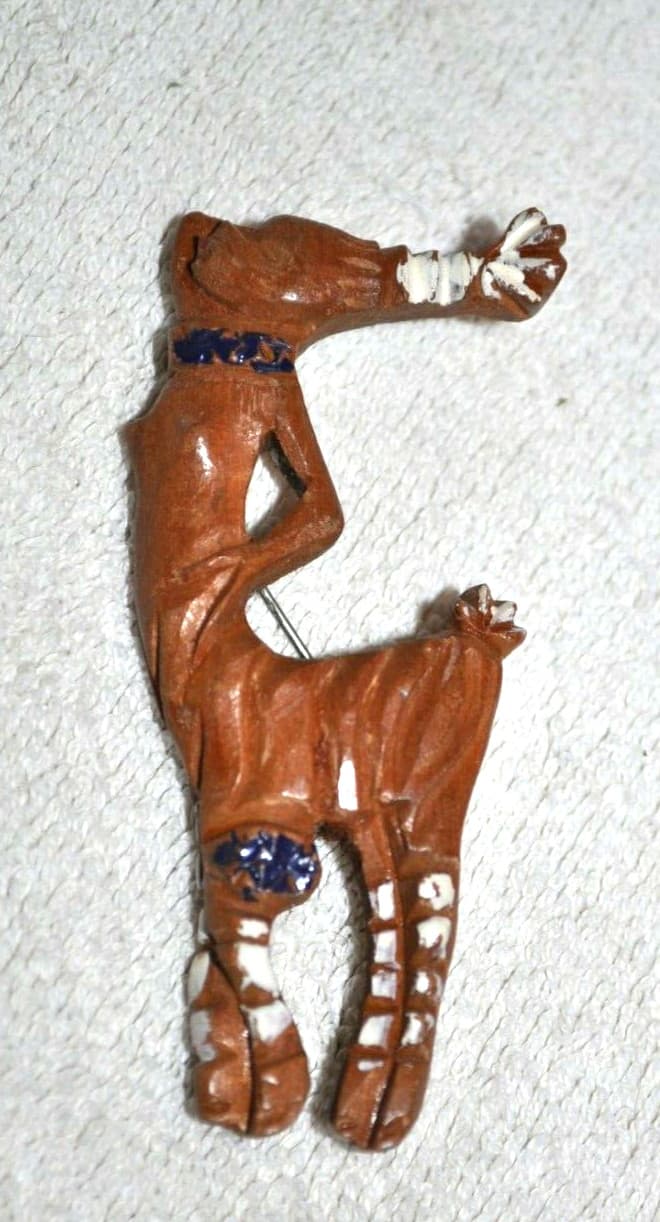 VINTAGE HAND PAINTED half human half animal wood pin tribal antique folk brooch