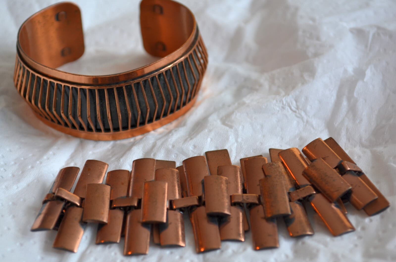 vintage 1950s RENOIR "Shadows" Wire Copper Cuff Bracelet & chain link lot of 2