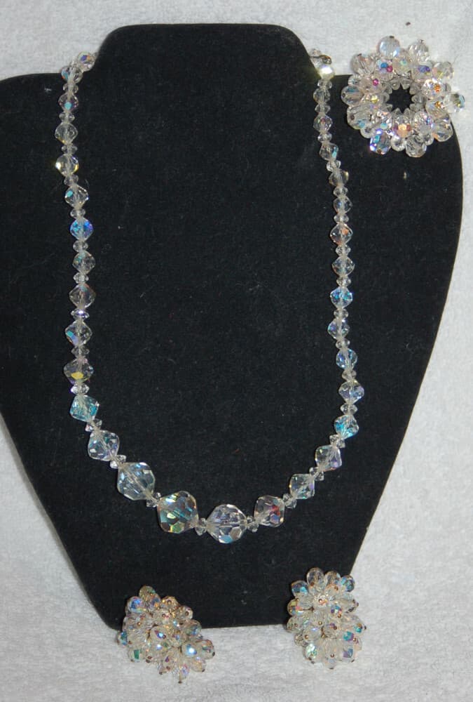 Vintage AB Glass Crystal Bead Necklace Brooch Pin & HUGE Cluster Earrings Lot