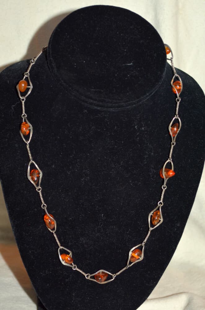 vintage silver and NATURAL real AMBER BEAD NECKLACE