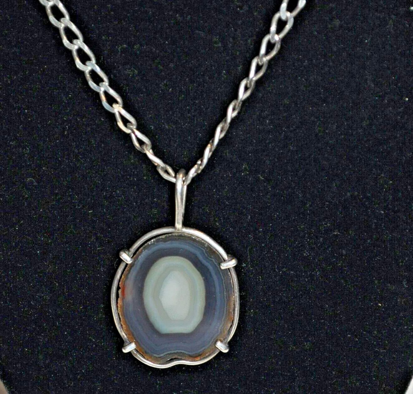 American Modernist Agate HUGE SLICE Pendant Necklace Sterling Silver OOAK