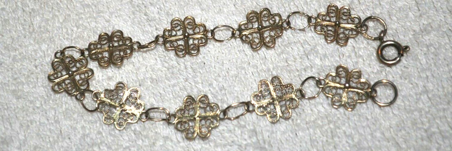 Vintage Sterling Silver 4 Leaf Clover Filigree Bracelet gold color 8" 4.4 gram