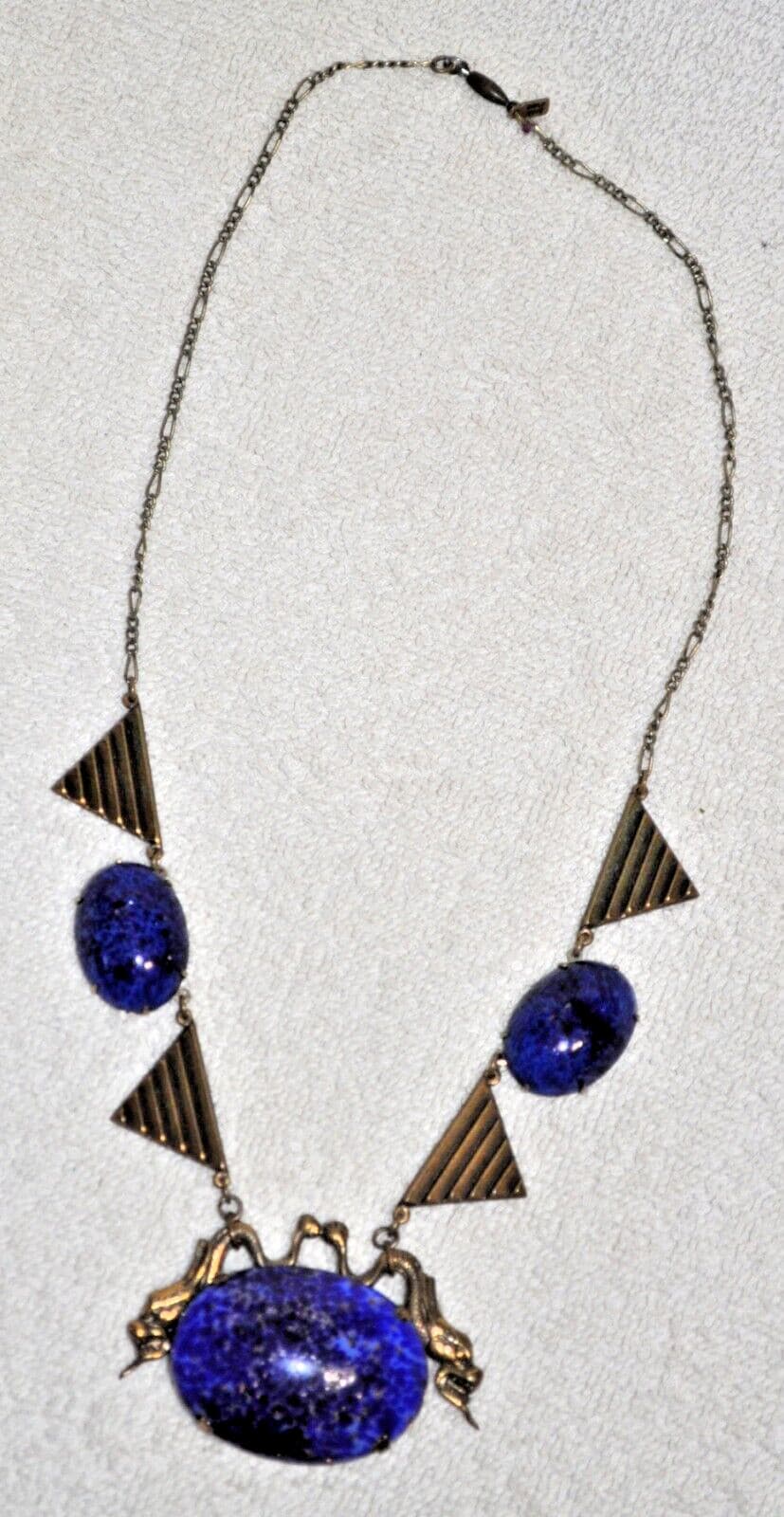 Vintage ”Sadie Green” lapis blue Victorian deco retro DRAGON Necklace