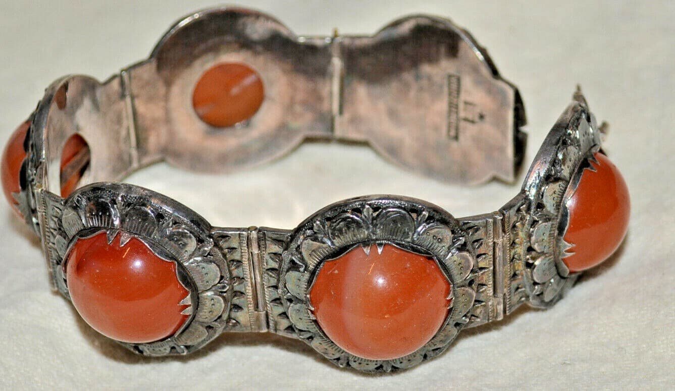 HUGE VINTAGE CHINESE GILT SILVER CARNELIAN PANEL BRACELET stunning detail