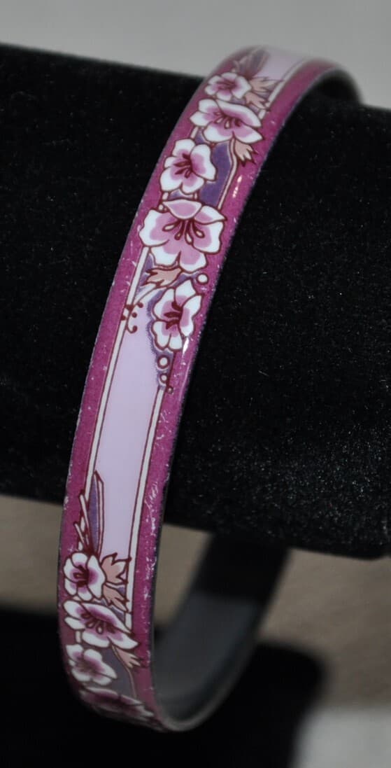 Vintage pink Michaela Frey Enamel Flowers Bangle Bracelet Handmade