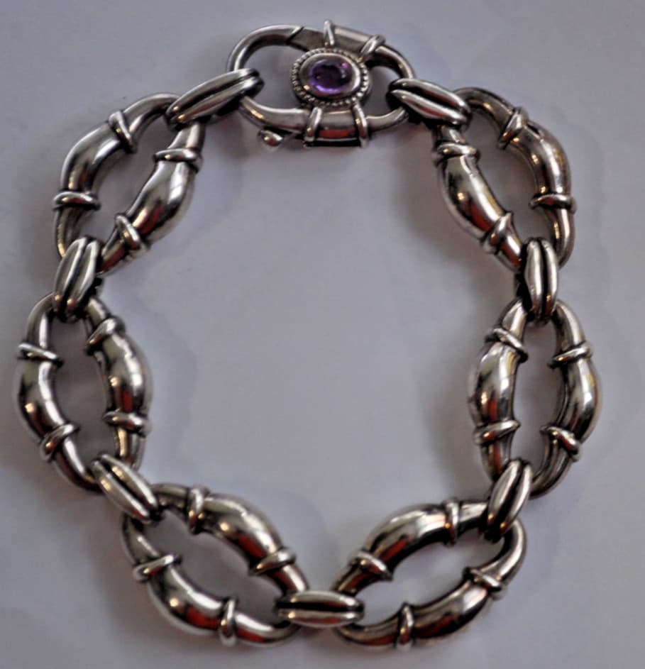 SCOTT KAY 925 SILVER AMETHYST CHUNKY OVAL LINK BRACELET 7.25”