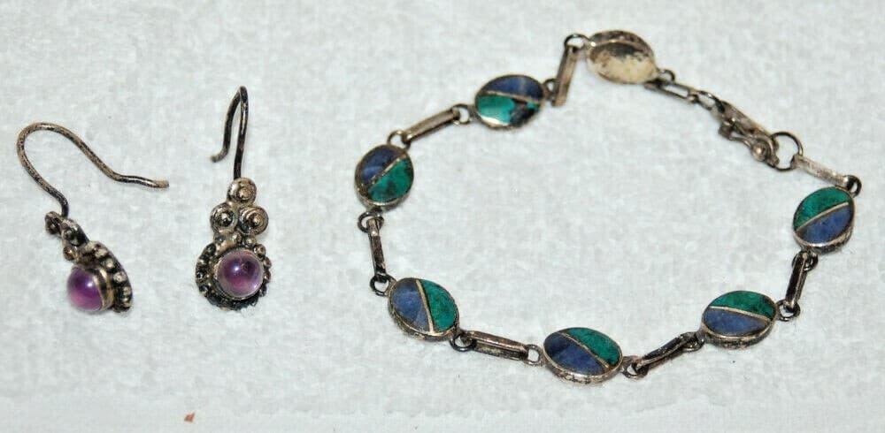 Estate Lot Vintage Sterling Silver Earrings Bracelet turquoise amethyst