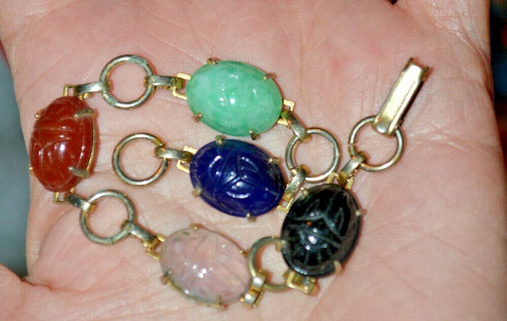 estate VINTAGE GENUINE STONE SCARAB BRACELET carved real stones