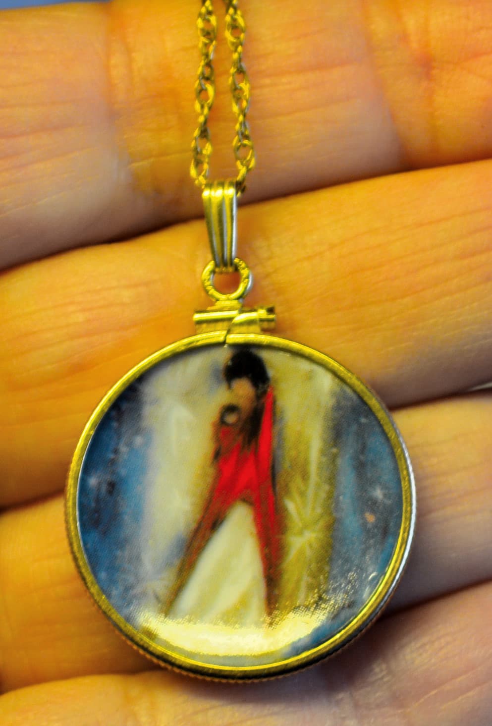 Vintage mother madonna child Porcelain pendant necklace signed gold filled