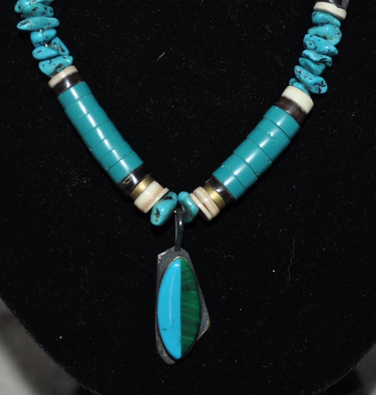 vintage turquoise beaded Necklace sterling silver malachite Pendant 20"