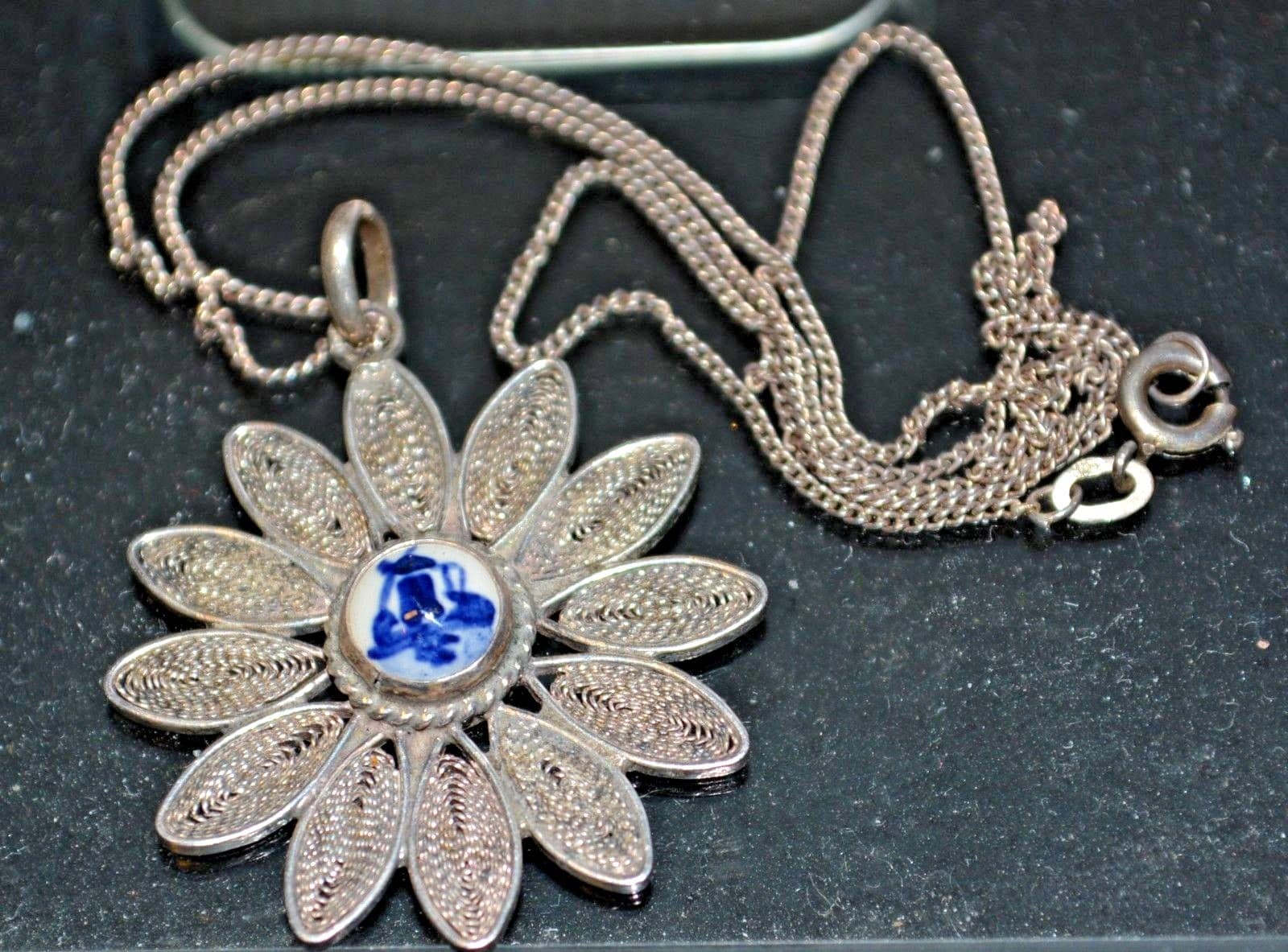 Vintage Sterling Silver Delft Windmill Scene Flower Pendant necklace jewelry