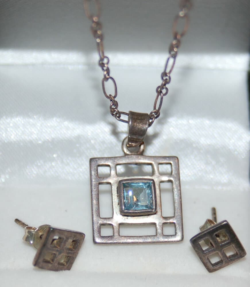 signed Geometric Earrings & Necklace set Blue STONE Sterling Silver KIT HEATH