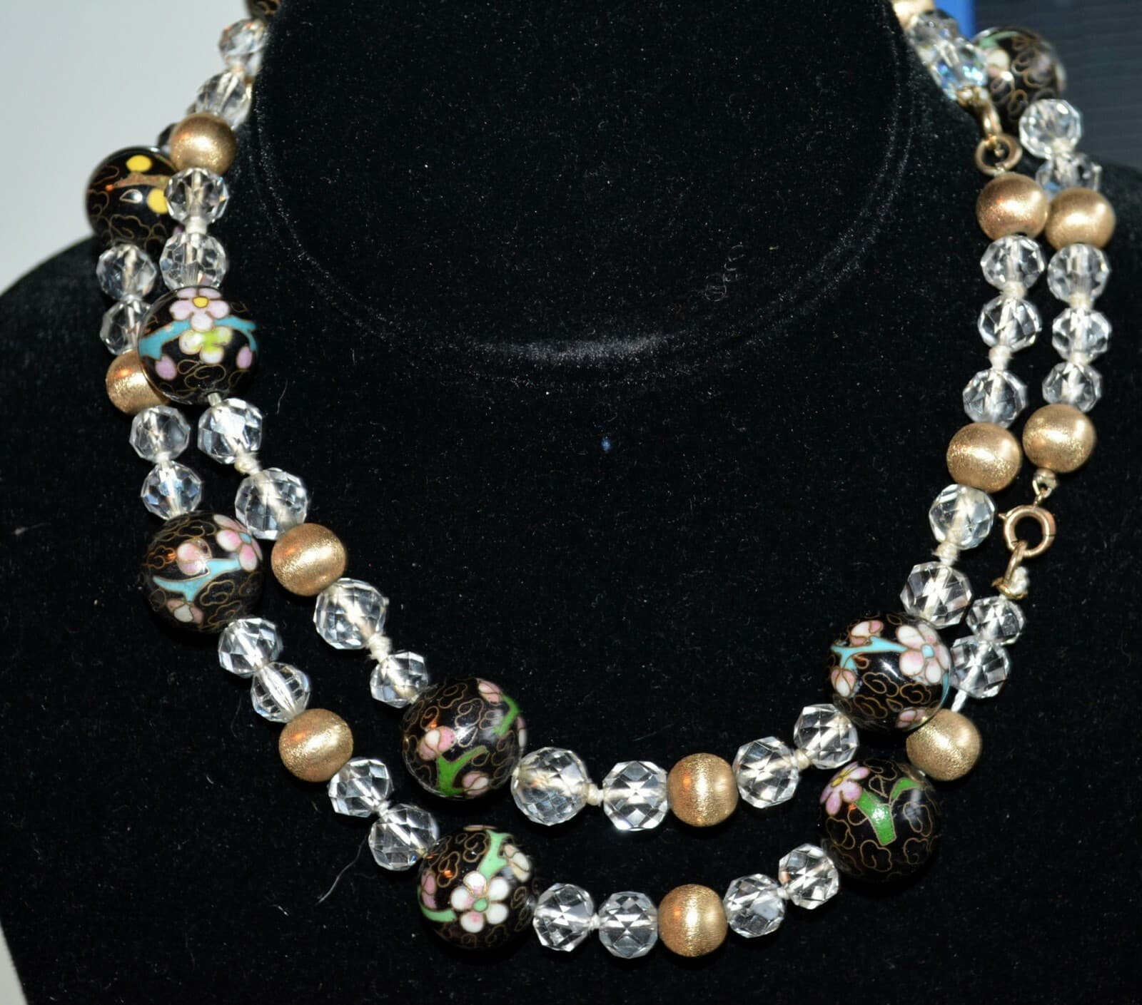 VINTAGE ART DECO crystal knotted ENAMEL CLOISONNE NECKLACE 12K filled closure