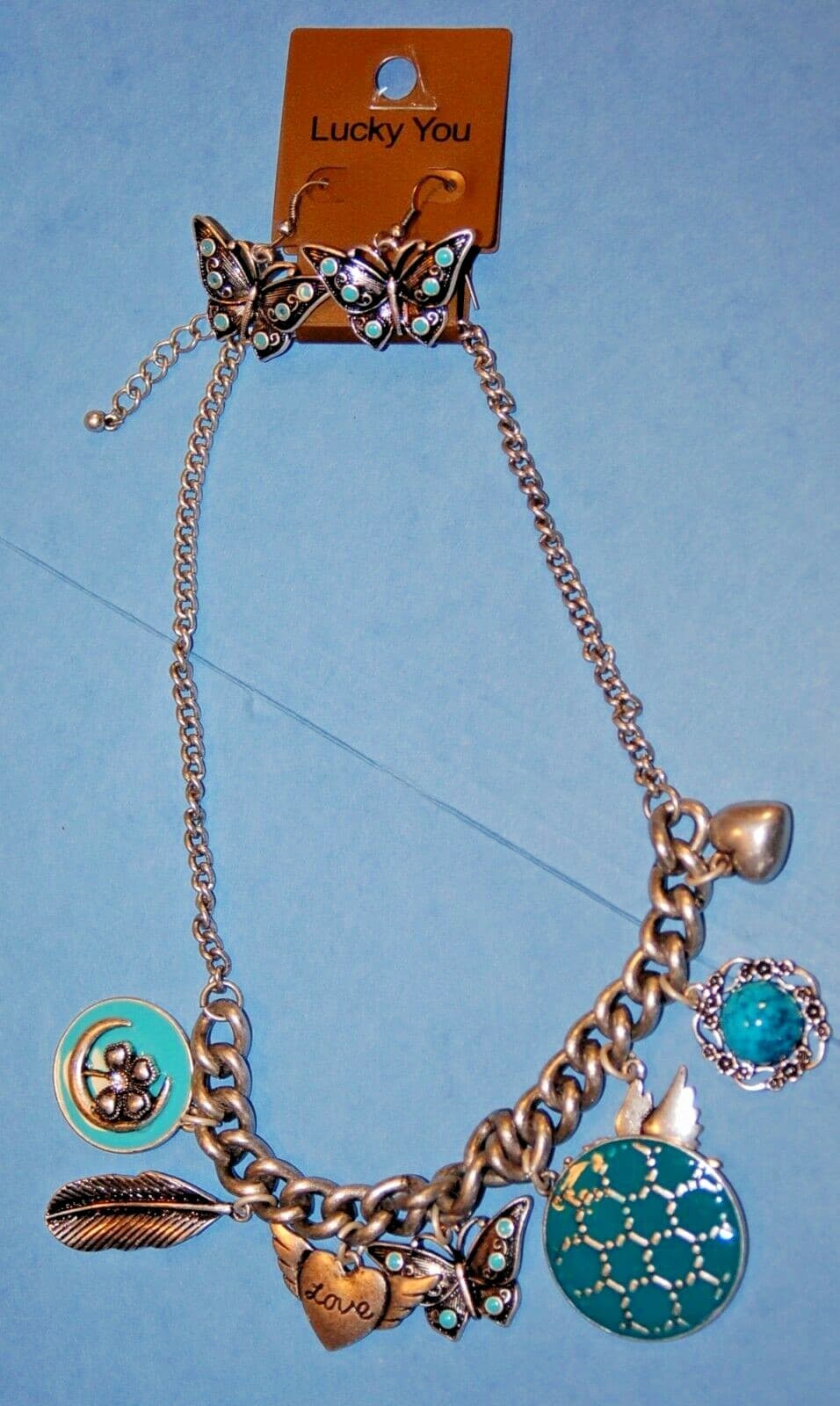 NEW NWT LUCKY YOU NECKLACE & EARRINGS SET butterfly peace hearts love charms