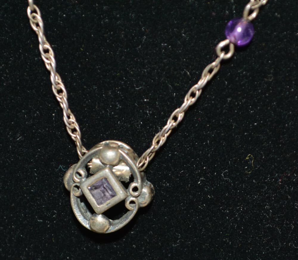 vintage sterling silver pearl amethyst necklace signed but I can't read it