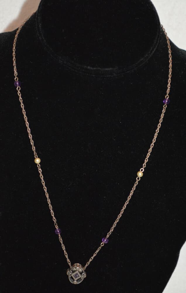 vintage sterling silver pearl amethyst necklace signed but I can't read it
