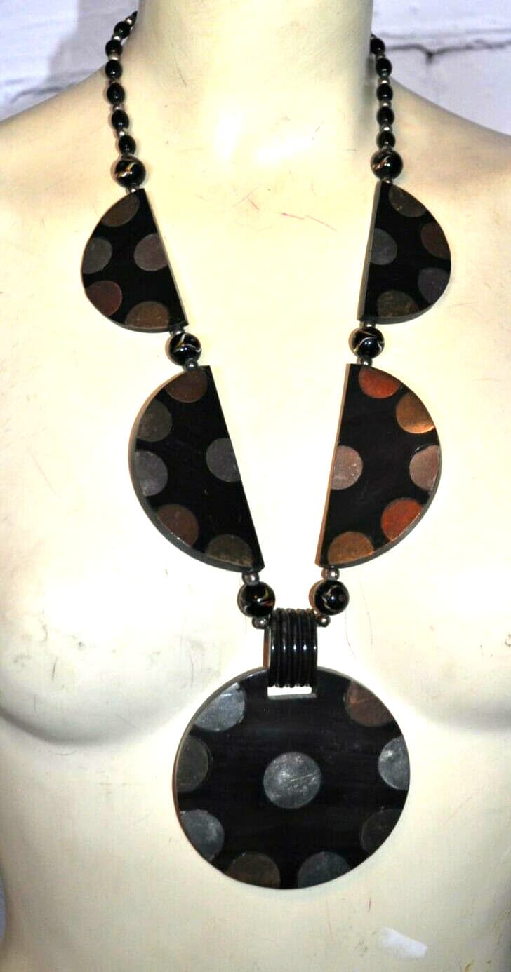 MID CENTURY ART MODERN statement Natural Wooden Carved Metal Inlay Necklace