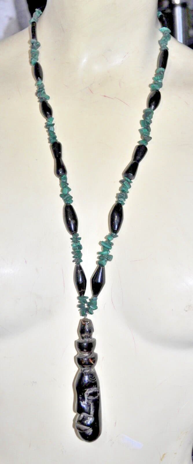 Vintage Hand Carved Black Coral necklace TIKI TOTEM pendant malachite ONE kind