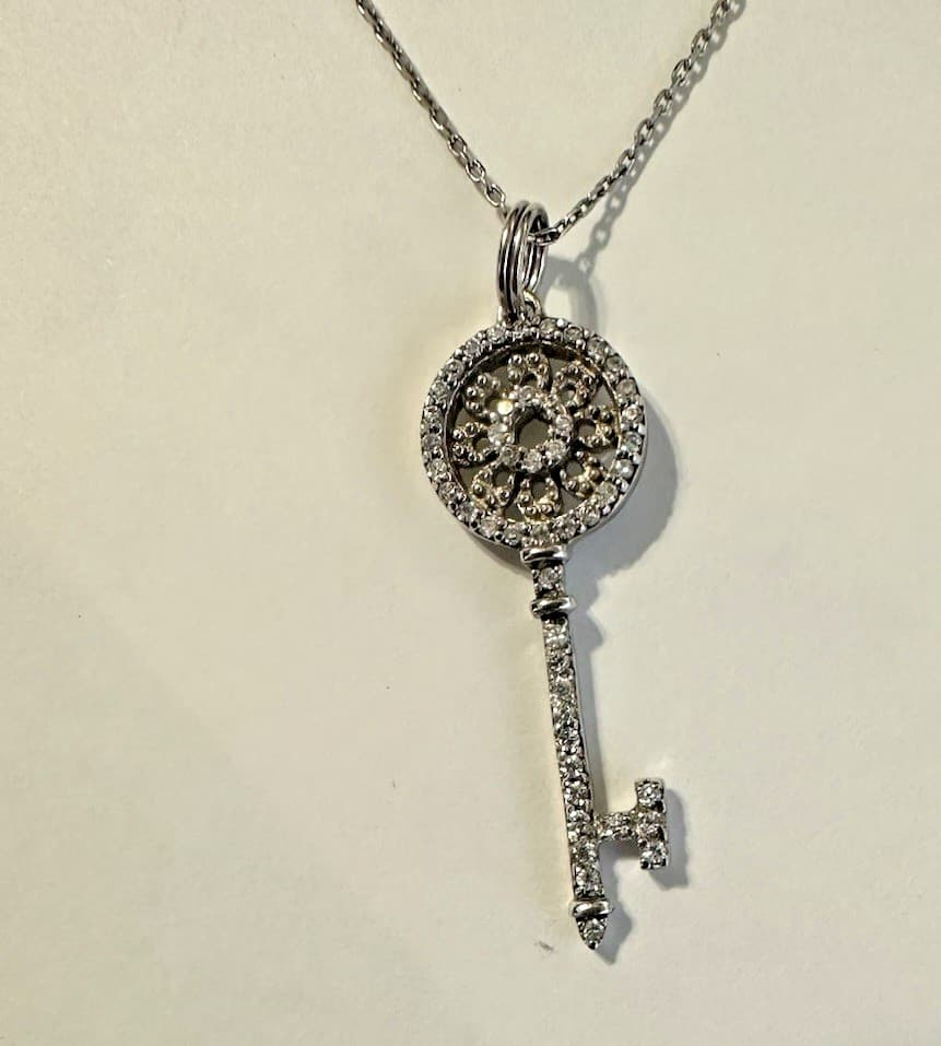 Signed Sterling Silver Key and Pendant Necklace pave cz key to life