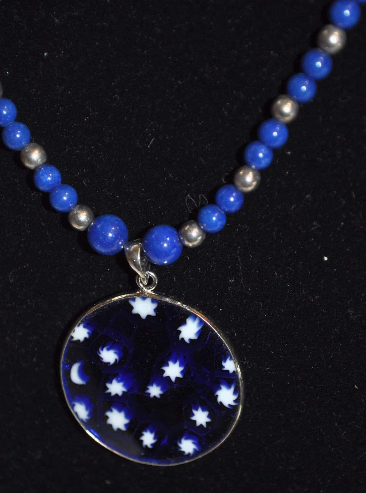 Sterling Silver Stars pendant Millefiore Beaded Blue Lapis Necklace