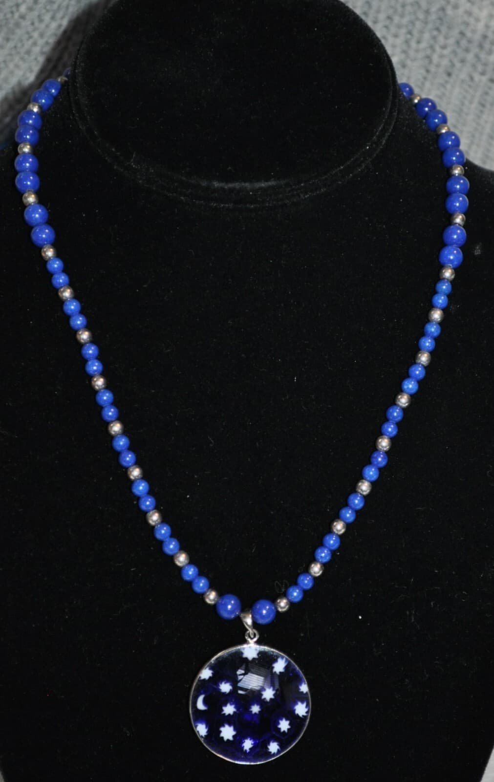 Sterling Silver Stars pendant Millefiore Beaded Blue Lapis Necklace