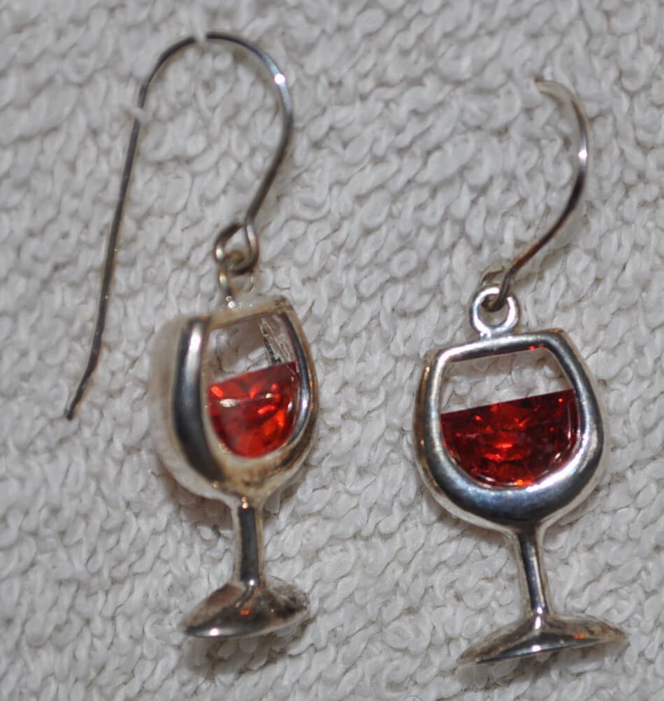 Silpada Sterling 952 Silver Red Wine Glass Faceted Glass Dangle Earrings in box