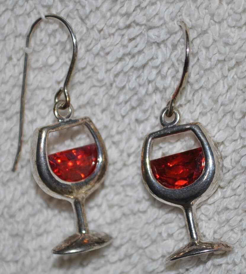 Silpada Sterling 952 Silver Red Wine Glass Faceted Glass Dangle Earrings in box