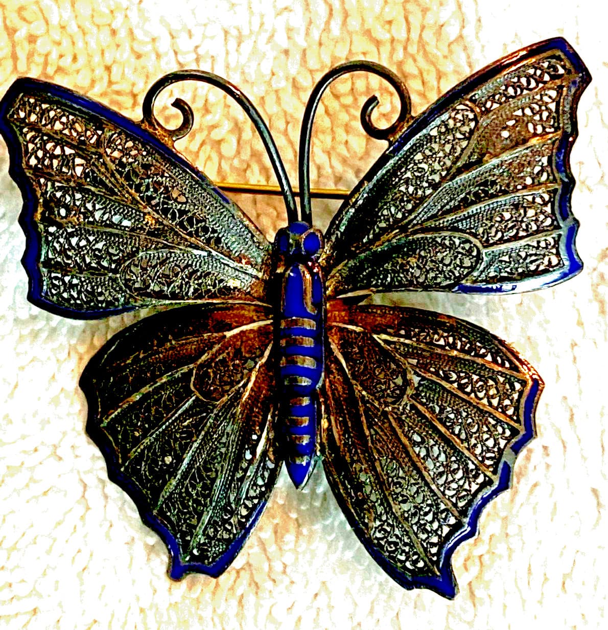 Vintage TOPAZIO BLUE Enamel STERLING SILVER PORTUGAL Butterfly Pin Brooch