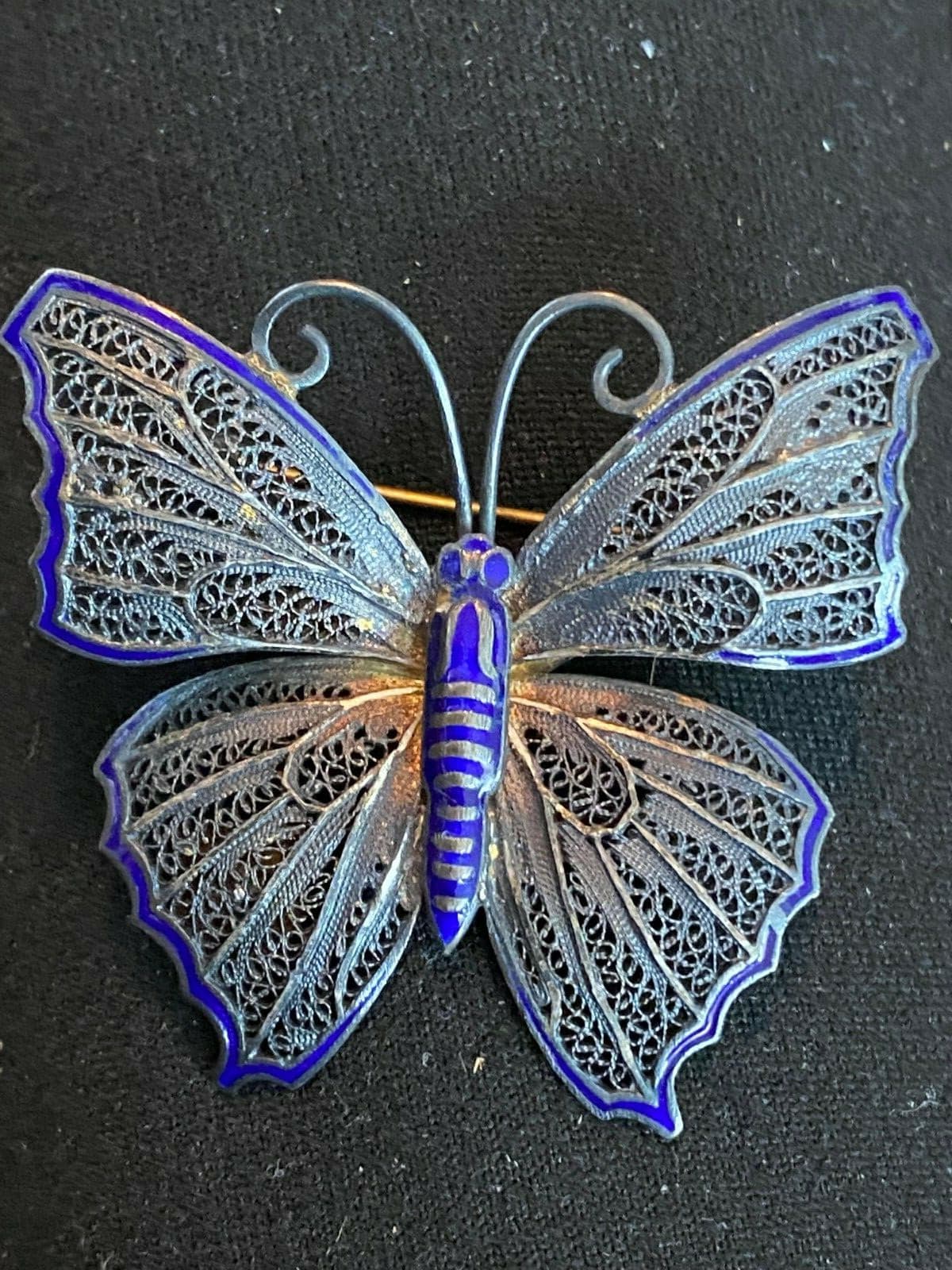 Vintage TOPAZIO BLUE Enamel STERLING SILVER PORTUGAL Butterfly Pin Brooch