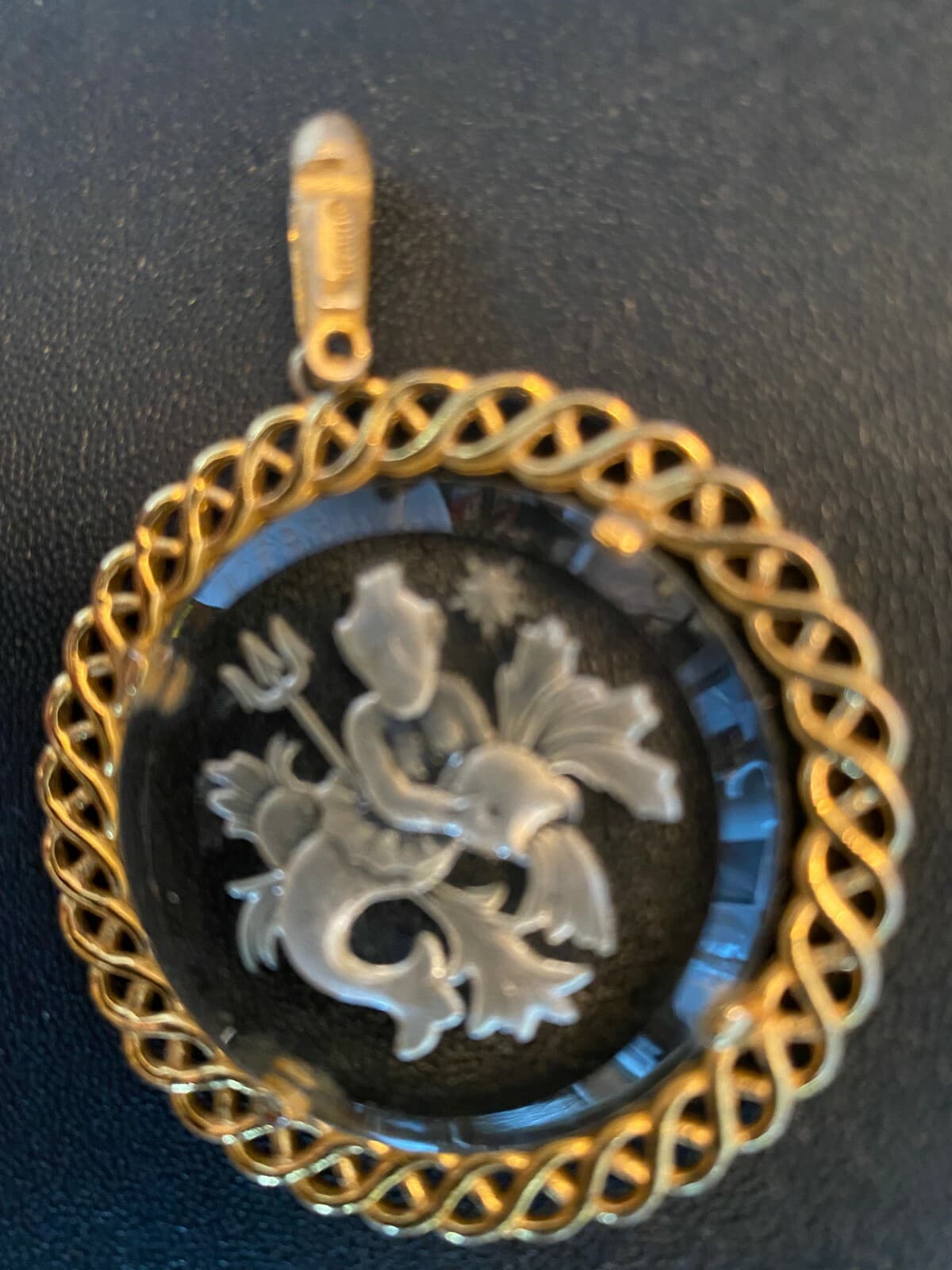 Vintage Silver Tone Etched Glass Zodiac Aquarius Pendant signed Crown TRIFARI