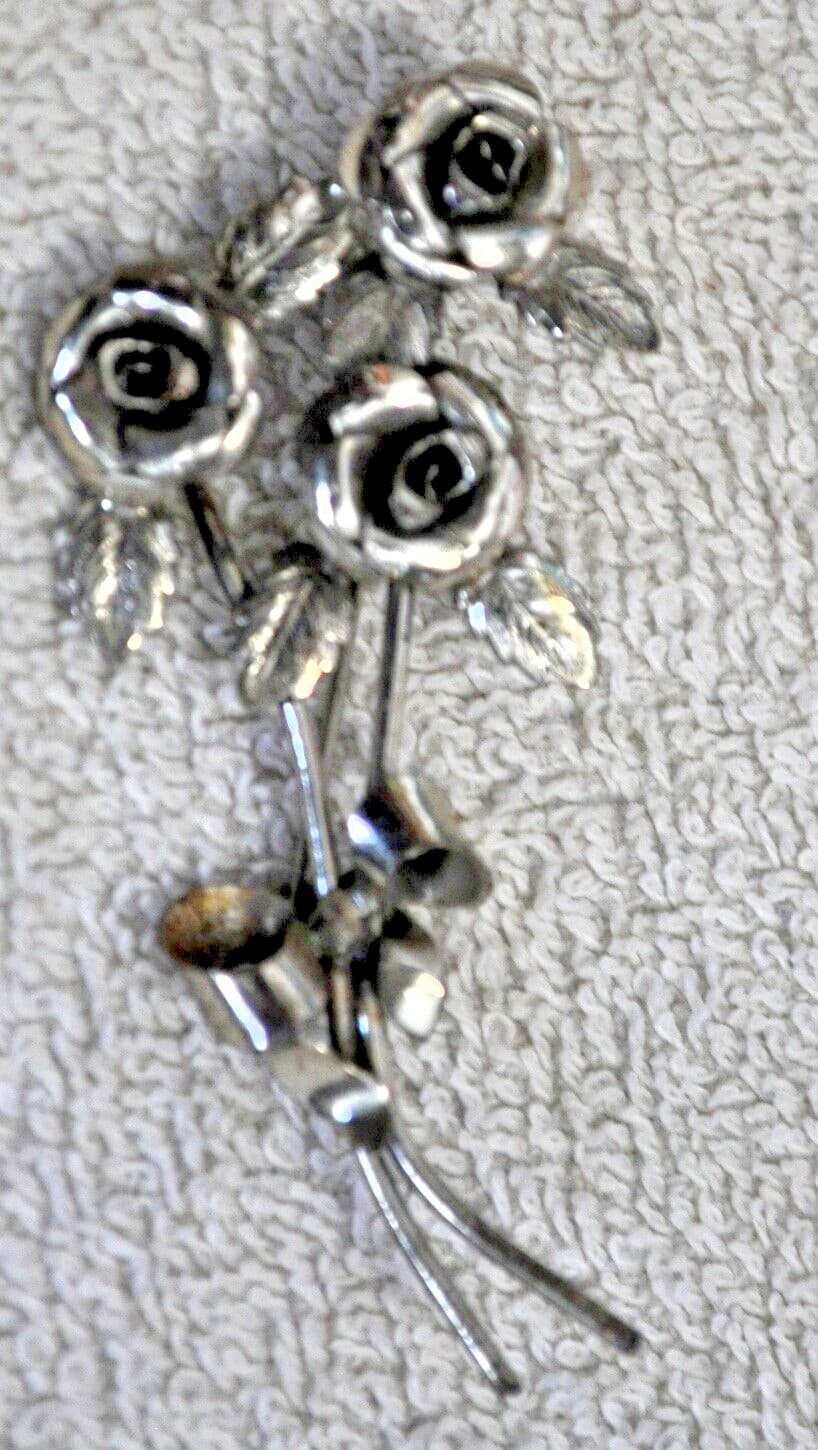 BEAU Vintage Sterling Silver Flower Rose Brooch Pin try on mens lapel too