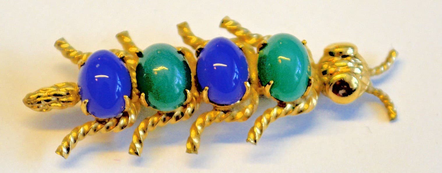Vintage WINARD 10K GE millipede CENTIPEDE Bug gemstone Gold figural PIN
