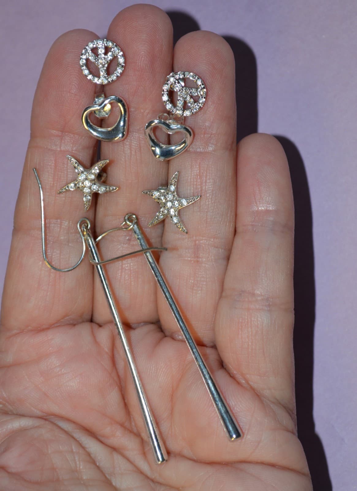 EARRINGS LOT of 4 pairs heart starfish peace drop .925 STERLING SILVER