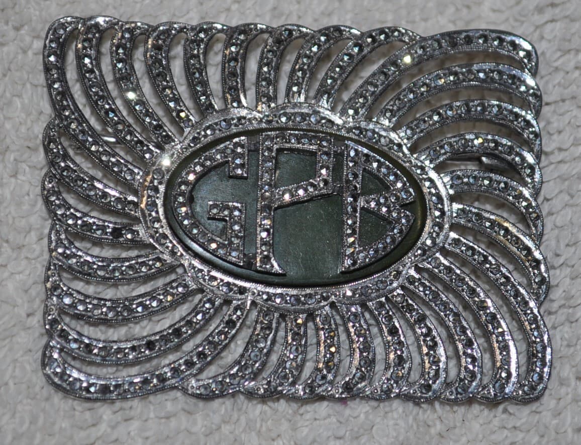 estate LARGE Vintage Art Deco Sterling SILVER Marcasite Pin Brooch GPB mono 2"