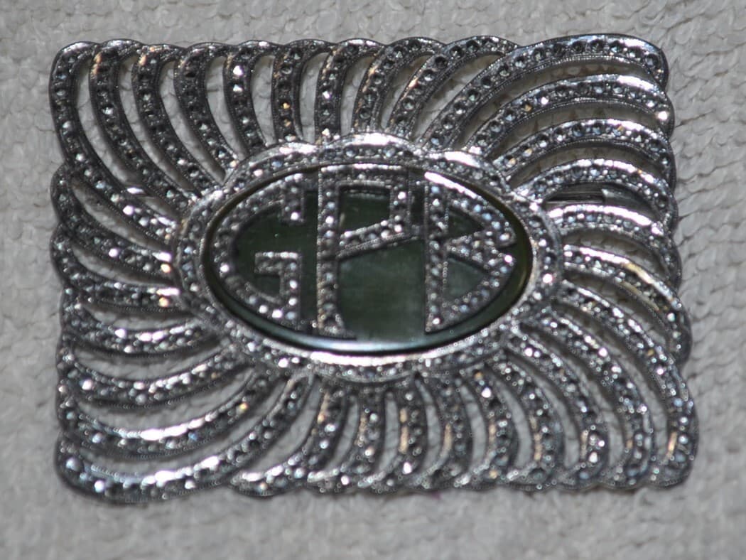 estate LARGE Vintage Art Deco Sterling SILVER Marcasite Pin Brooch GPB mono 2"