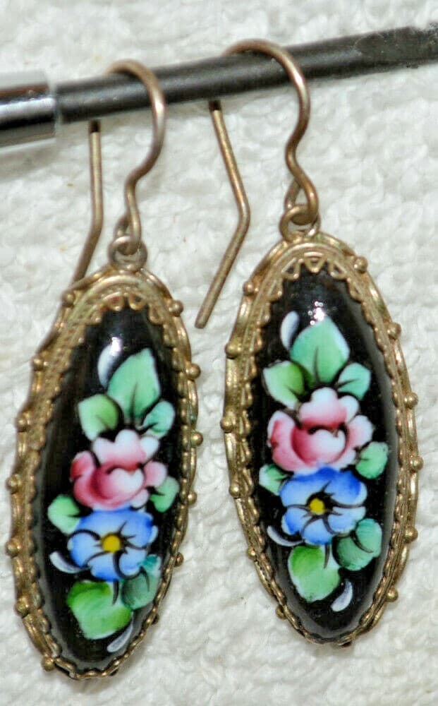 vintage Russian Porcelain Hand Painted Floral Earrings Silver