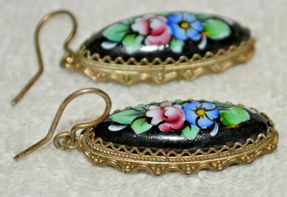 vintage Russian Porcelain Hand Painted Floral Earrings Silver