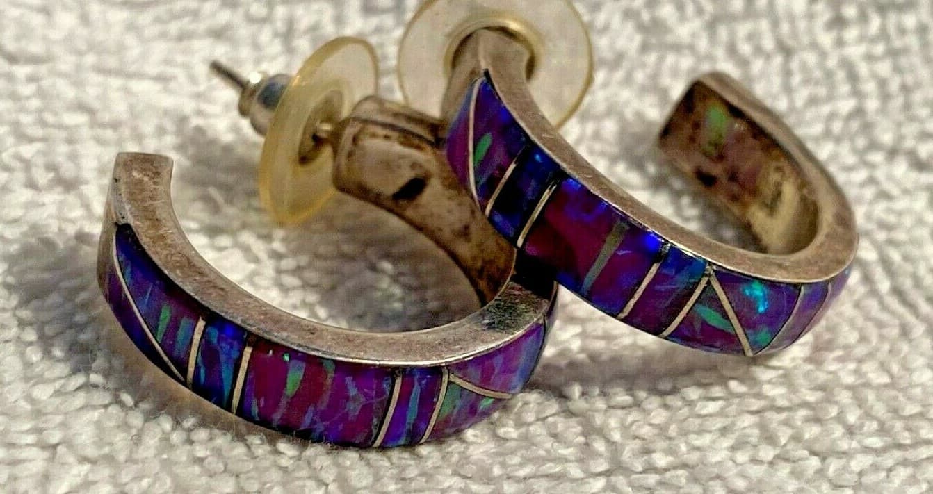 Designer Southwestern Sterling Silver inlaid inlay Opal hoop Earrings Signed JE