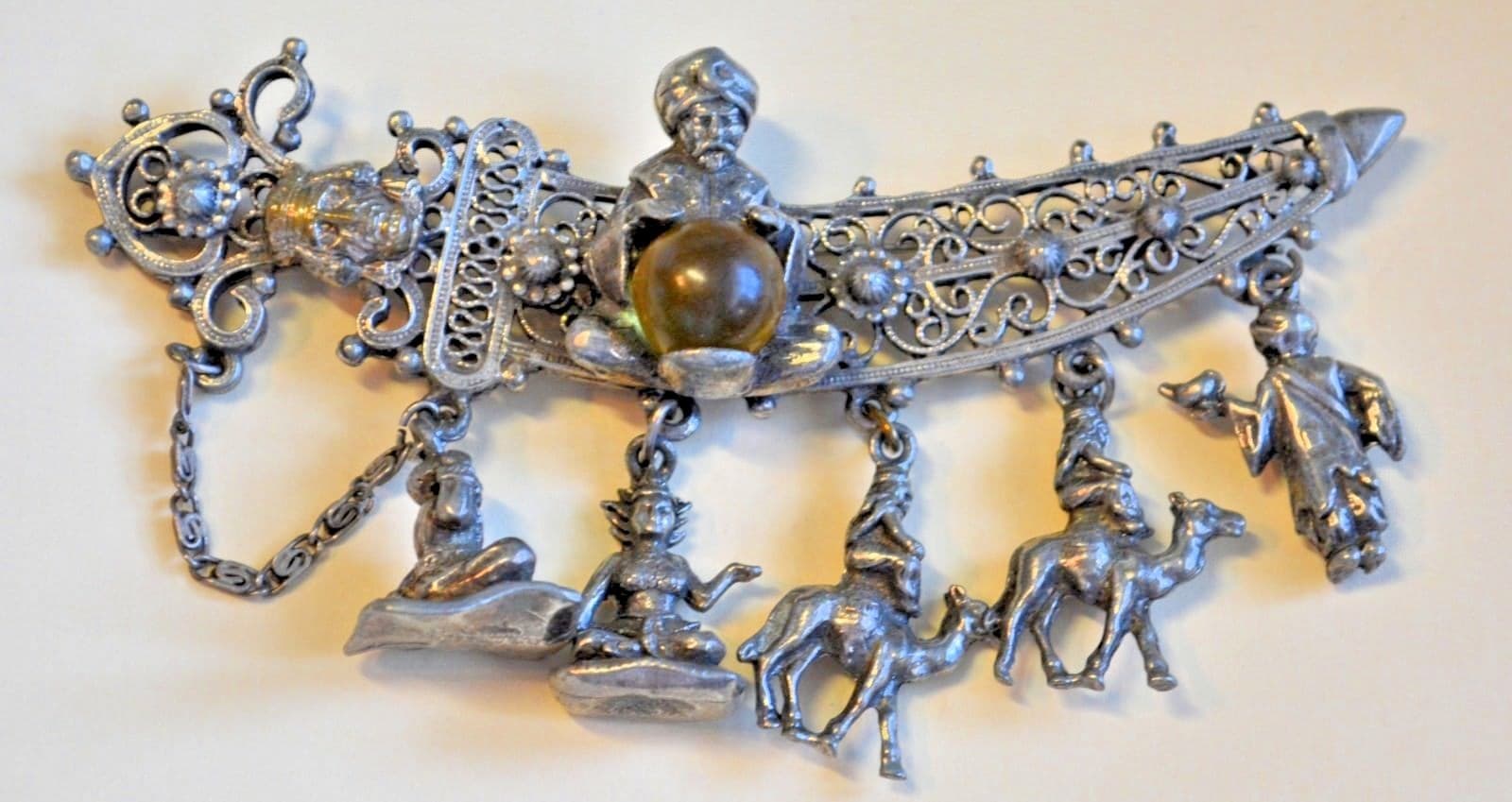Vintage Alexander Korda Thief of Bagdad SWORD pin GODDESS Brooch crystal ball